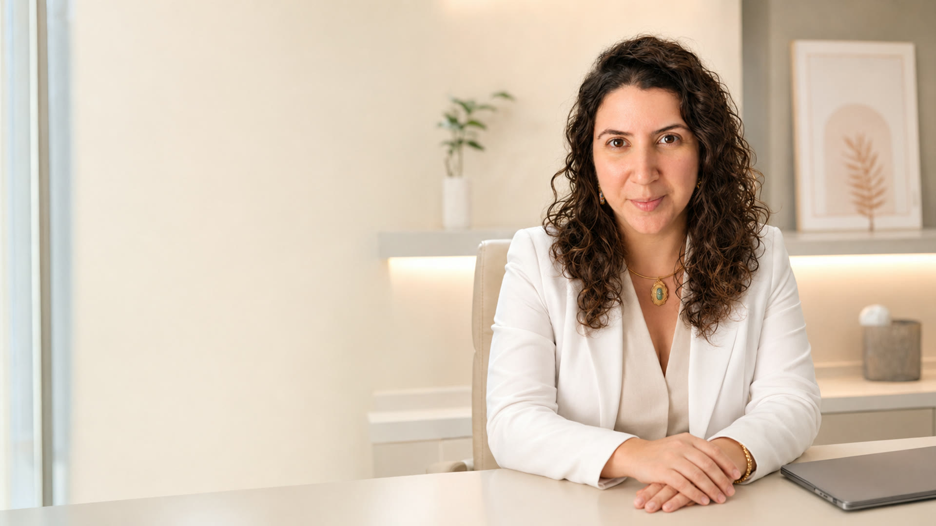 Camila Sanches, psicóloga, sentada à mesa do consultório