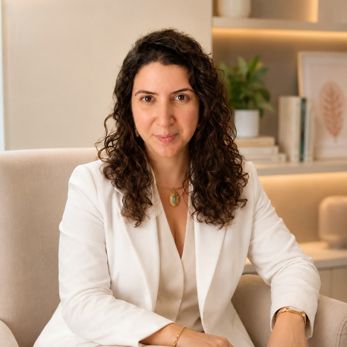 Camila Sanches sentada em uma poltrona clara do consultório, olhando diretamente para a câmera
