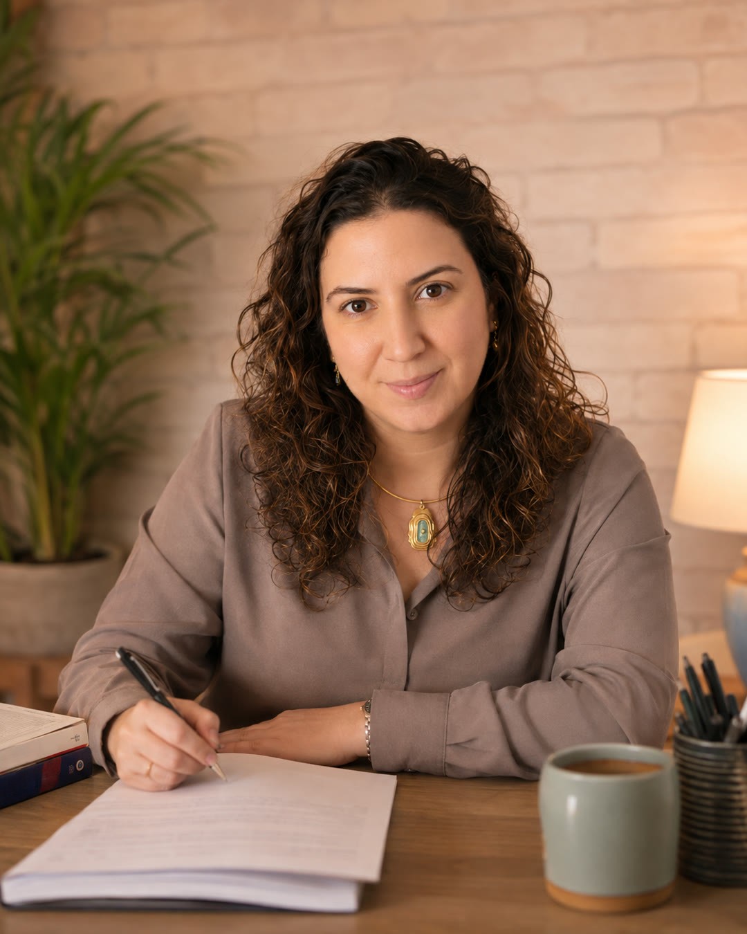 Camila Sanches, psicóloga, escrevendo à mesa de trabalho